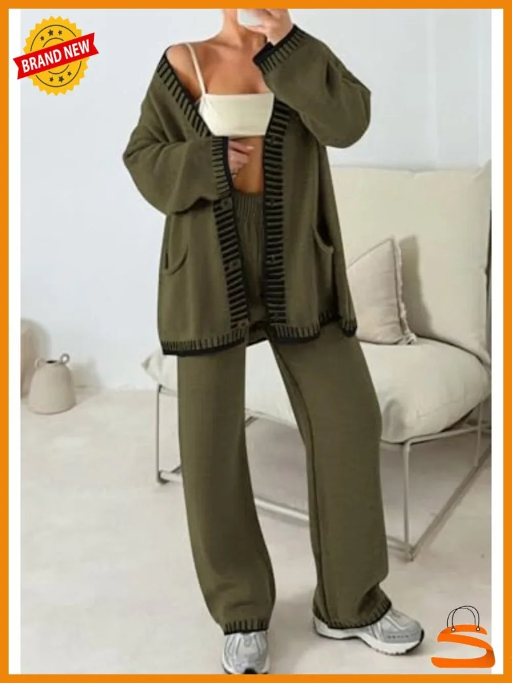 2 Piece Knit Lounge Set - Cardigan & Wide Leg Pants